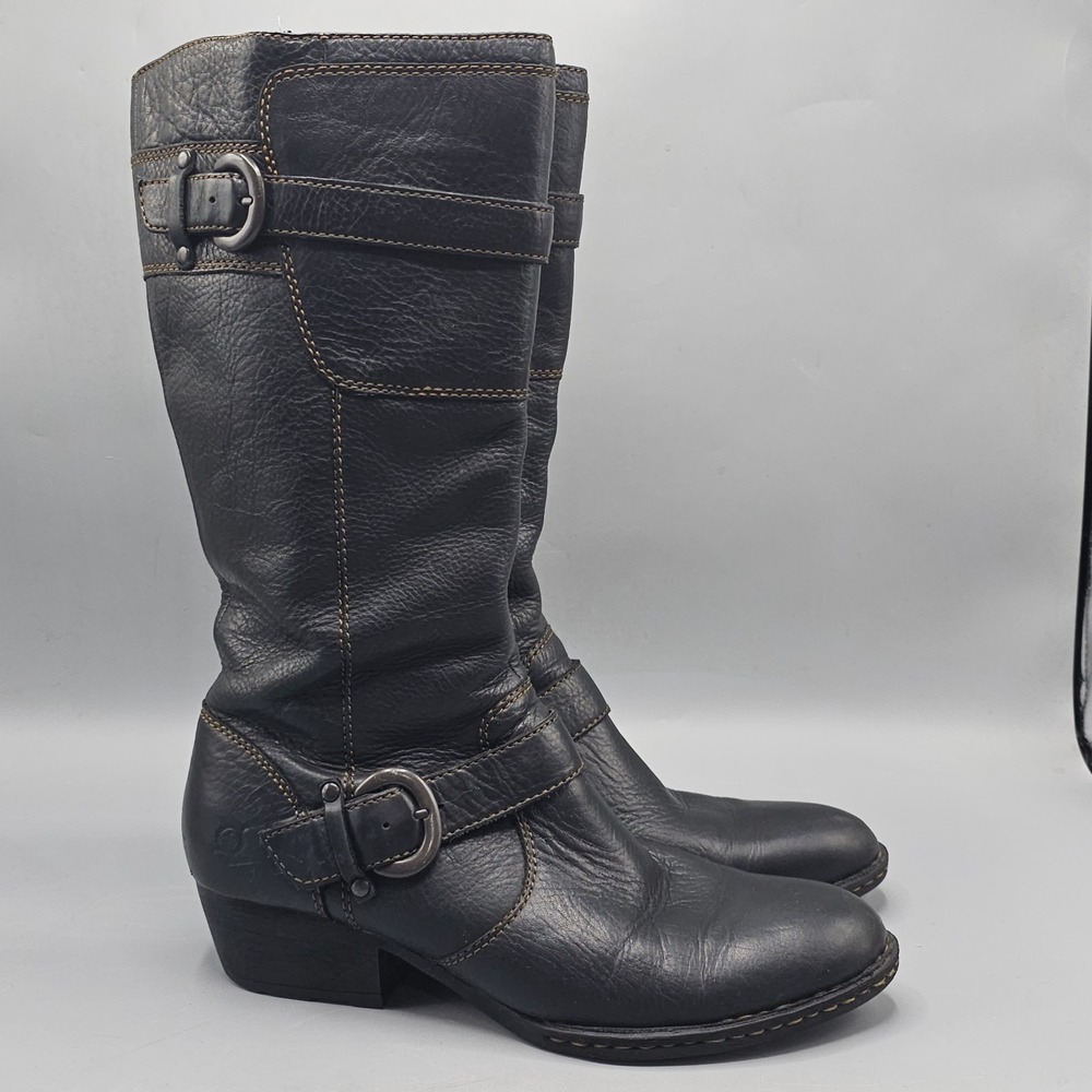 Born Leather Tall Mid Zip Riding Boots Buckles Straps Sz 10 Contrast Stitching